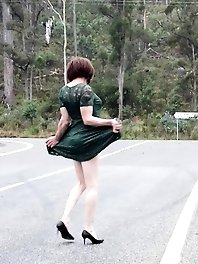 Crossdress Roadtrip Green Dress hot crossdresser action on the road